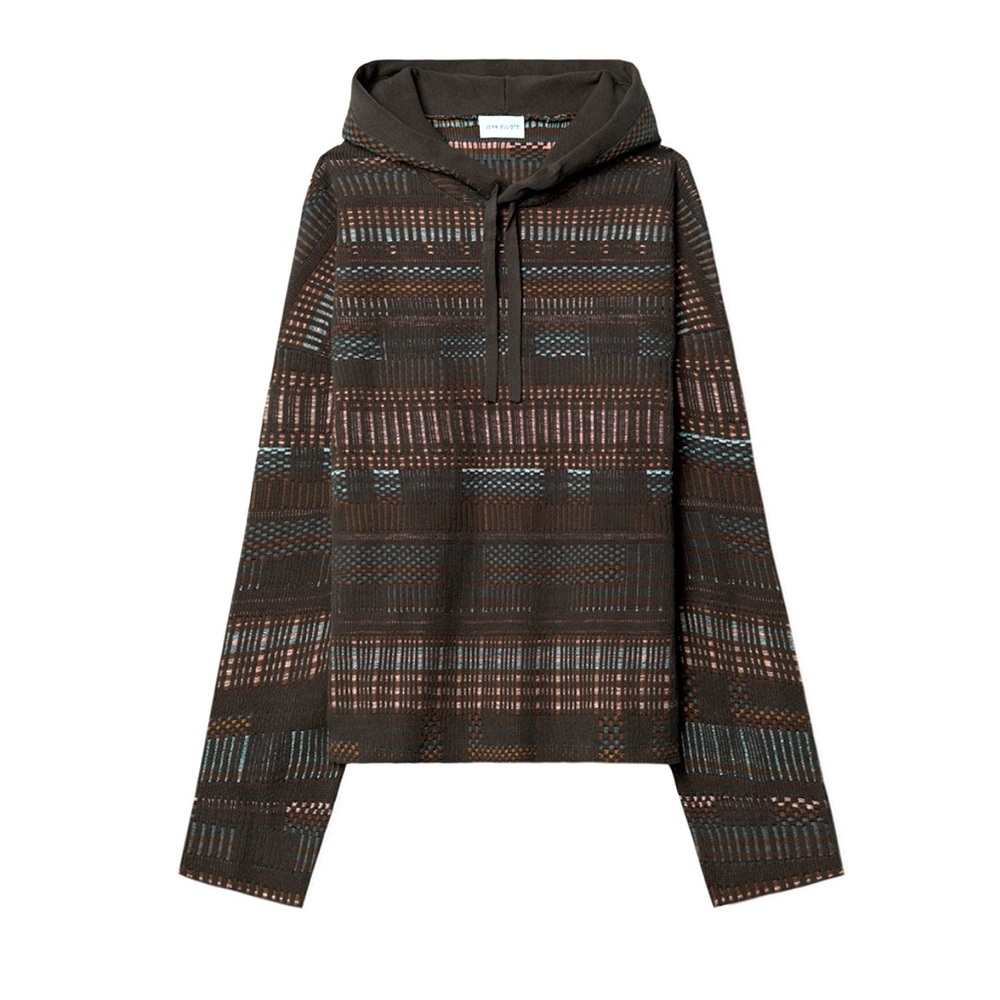 JOHN ELLIOTT Brown Basset Knot Poncho Black Textured Cotton Linen Hoodie
